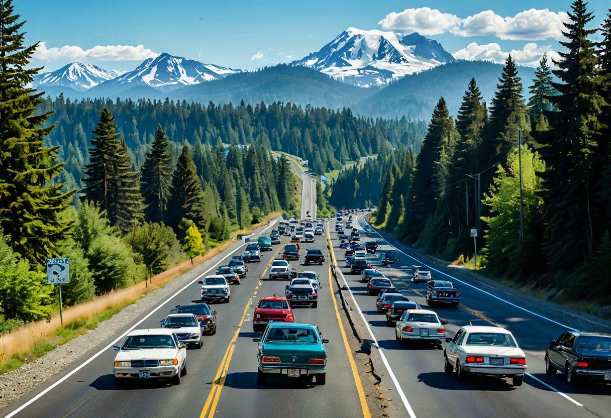 A scenic view of a well-maintained Washington highway, with clear signage depicting various driving laws. Include a diverse group of drivers in different cars, wearing seatbelts, and practicing safe driving. The backdrop features the iconic Washington landscape, such as mountains and evergreen trees. Bright and informative text bubbles scattered across the image highlight essential road rules. super-realistic. vibrant colors. 3D.