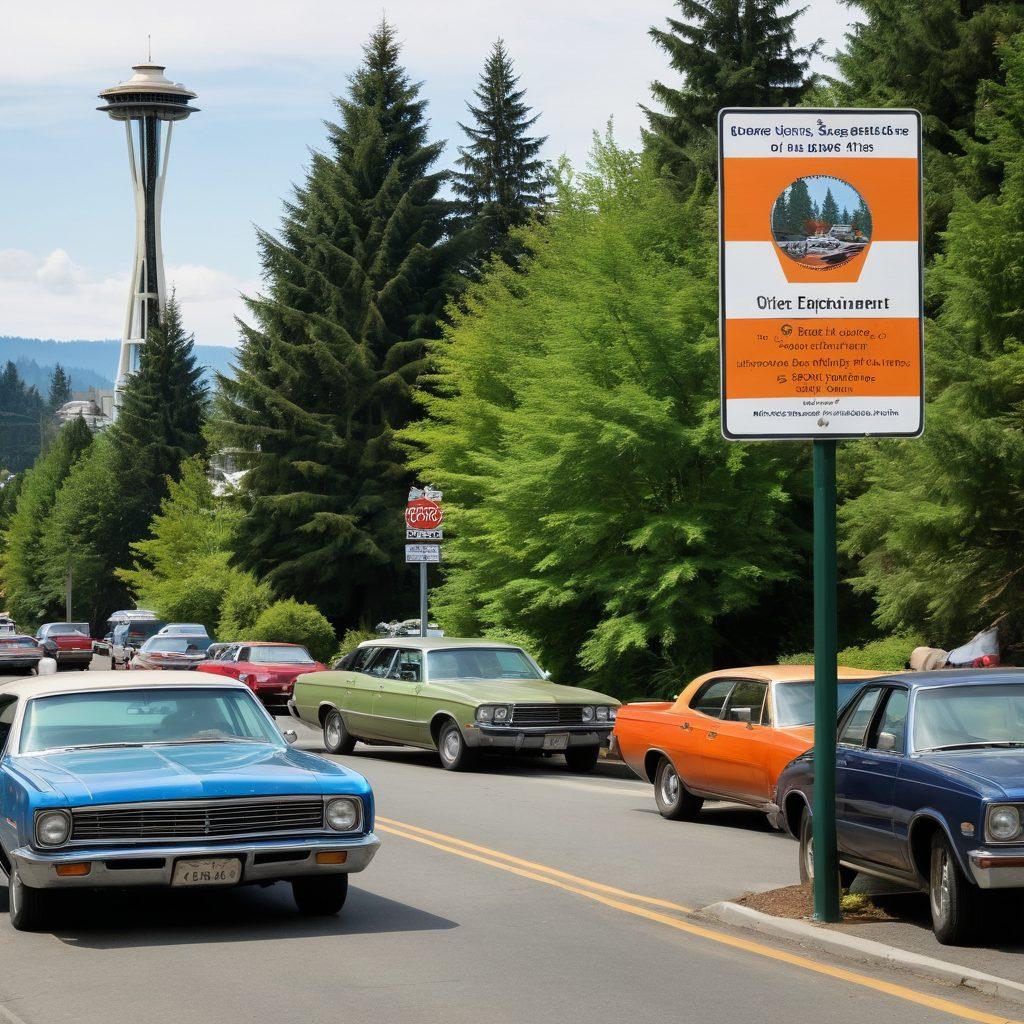 A bustling Washington state road scene featuring a diverse group of people navigating through the process of obtaining permits and license renewals. Show an office building labeled 'Department of Motor Vehicles' with informative posters, a friendly staff member assisting visitors, and individuals holding papers and driving manuals. Include iconic Washington state symbols like the Space Needle and evergreen trees in the background. The atmosphere is bright and encouraging, symbolizing ease and guidance. vibrant colors. super-realistic.