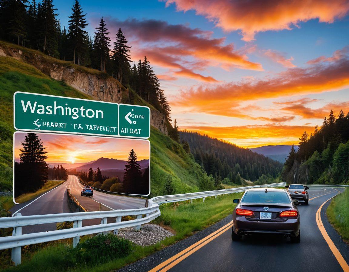 A split image featuring a highway sign with 'Washington State DMV' on one side and a scenic view of Washington's lush landscapes on the other. Include a car driving on a winding road with a sunset in the background. Overlay a checklist of driving tips in a creative font on the bottom. super-realistic. vibrant colors. 3D.